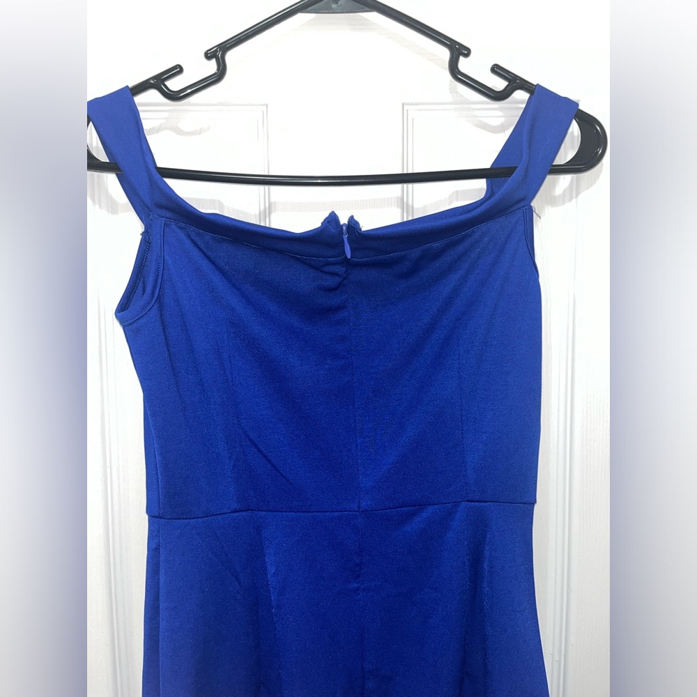 SHEIN BAE Bardot Split Thigh Ruffle Hem Bodycon Dress, Blue, Size Small - Picture 8 of 10